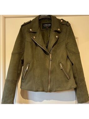 Colori Women's Olive Suede Moto Jacket with Quilted Sleeves